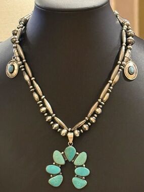 Sterling Silver Navajo Pearls Turquoise Squash Blossom Naja Pendant Necklace